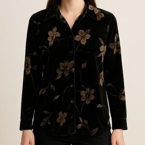 Velvet Black Floral Button Down Long Sleeve Top Size Medium Soft Goth Moody Chic